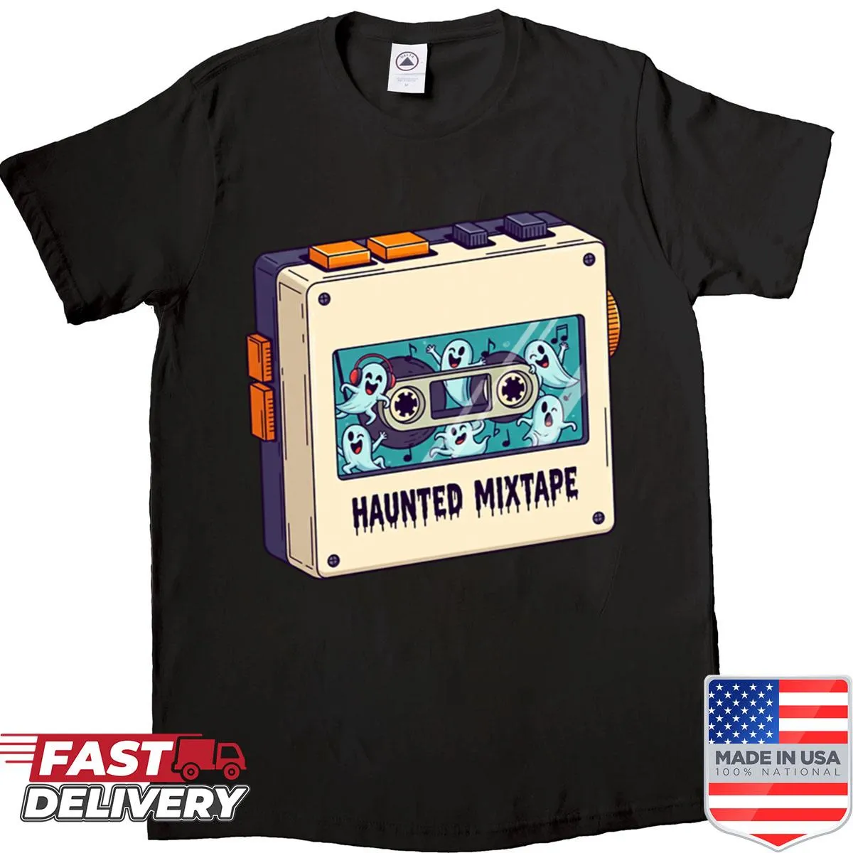 Retro Halloween shirt with ghosts and mixtape design