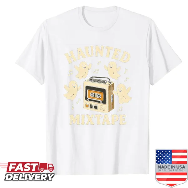 Retro-style shirt featuring a haunted mixtape graphic