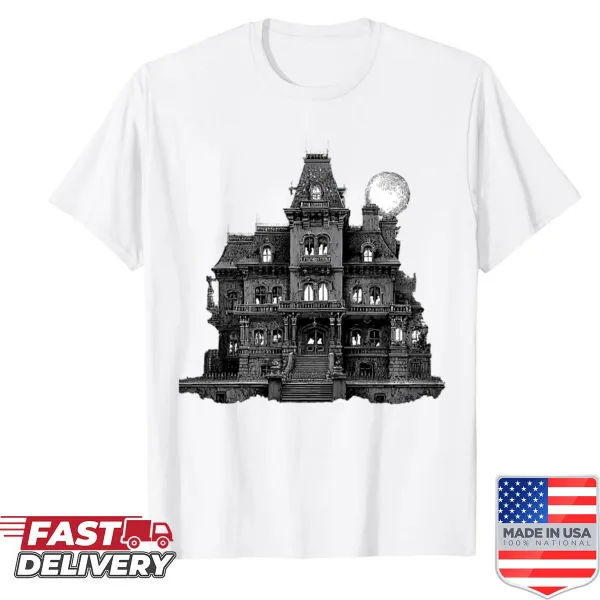 Gothic horror shirt with a haunted Victorian mansion and full moon