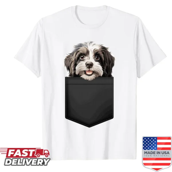 Cute illustration of a Havanese puppy peeking from a pocket