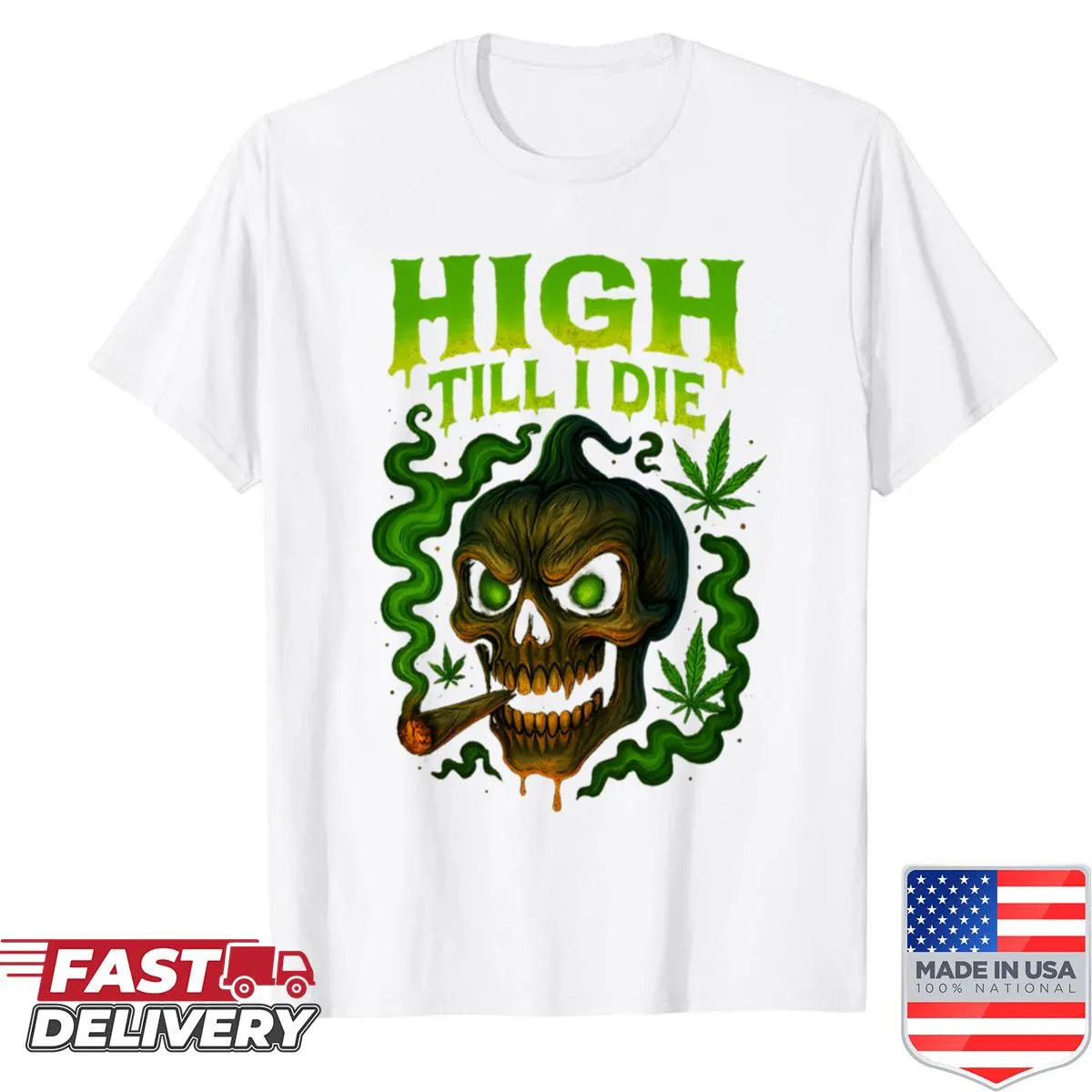 Oversized shirt with a demon skull graphic for Halloween and 420 culture
