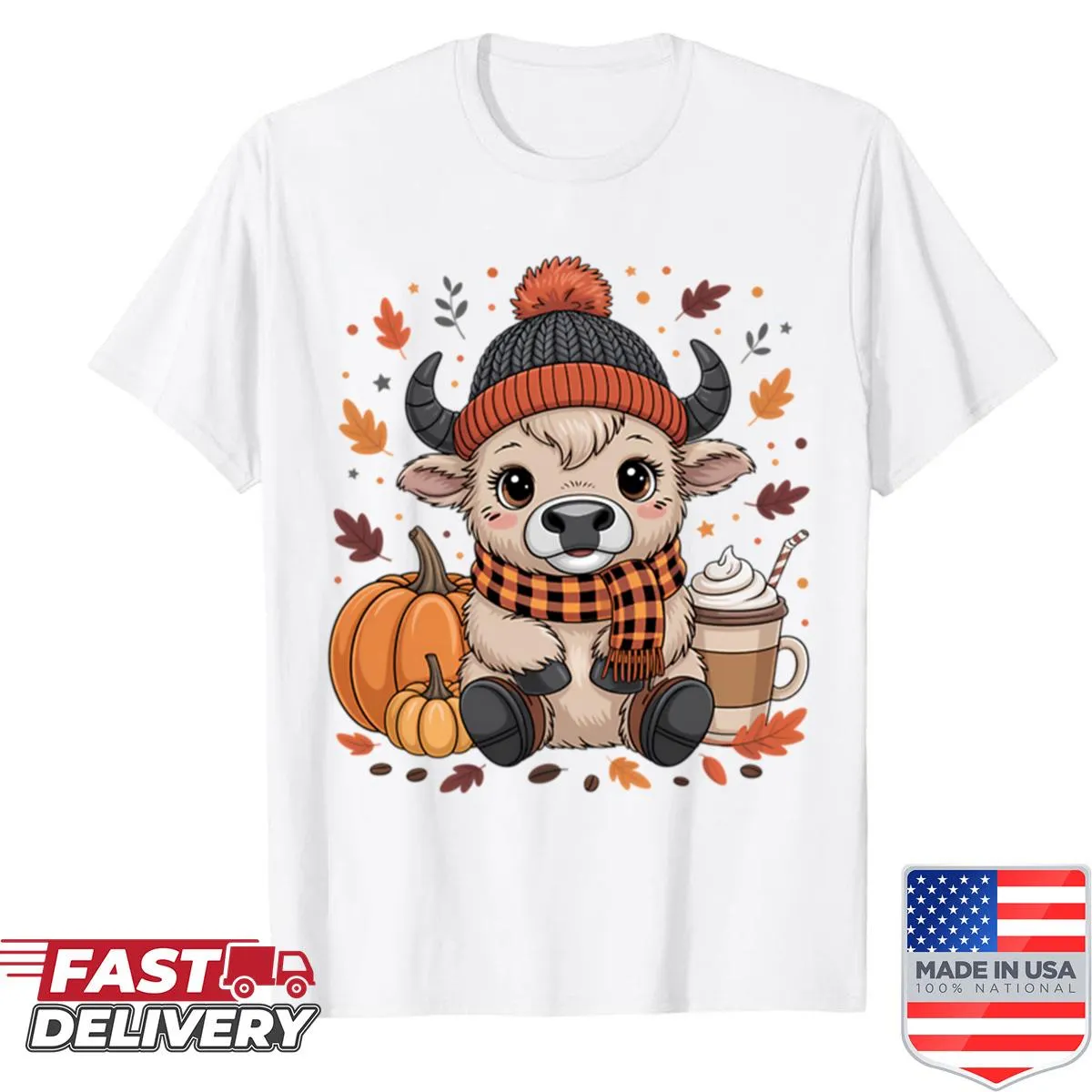 Whimsical Highland cow in Halloween costume on autumn shirt