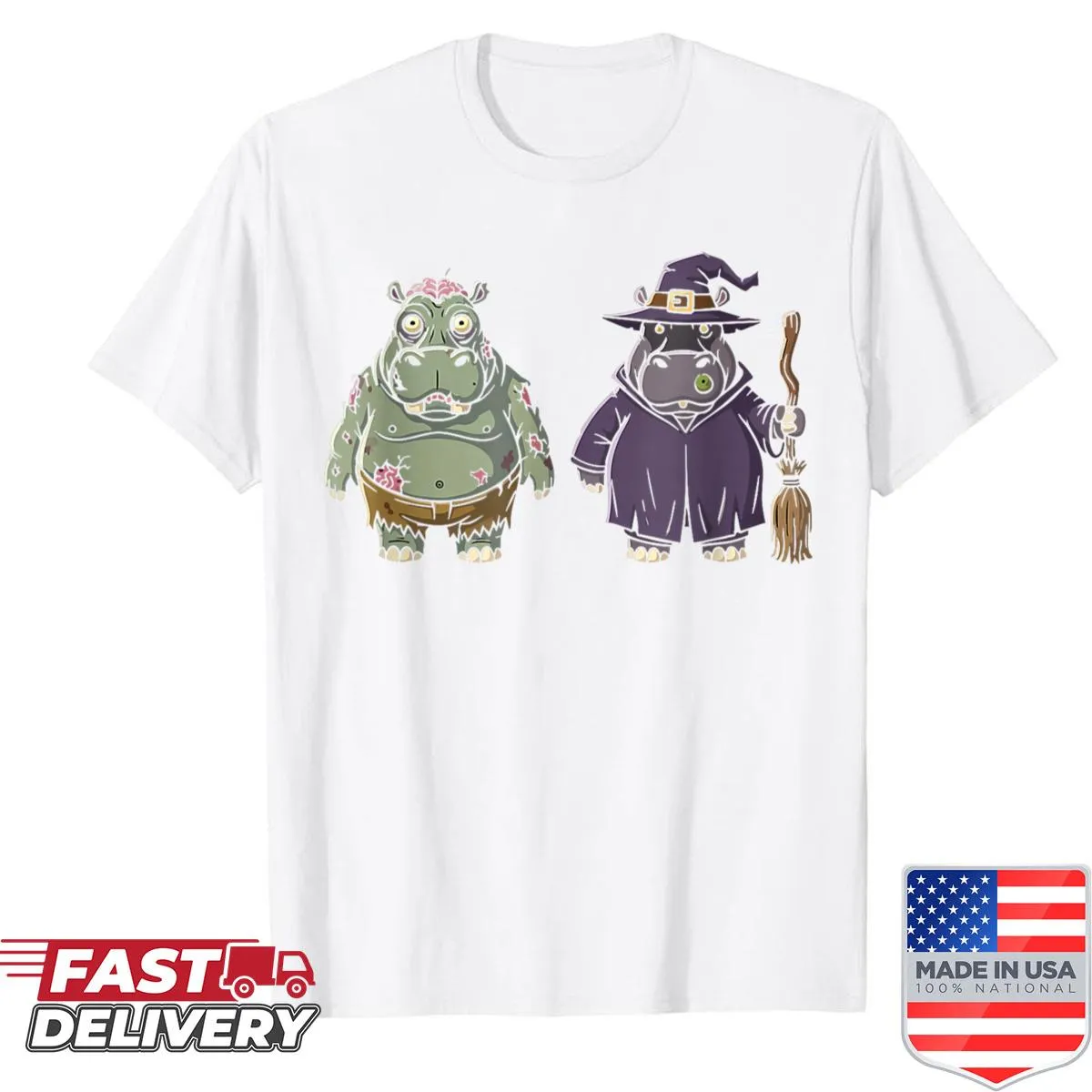 Cartoon hippo ghost witch design on a Halloween t-shirt for kids