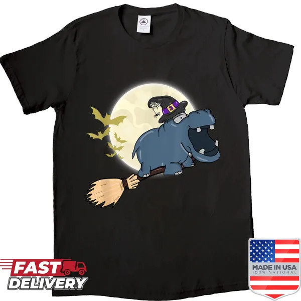 Cartoon hippo in a witch hat riding a broomstick on a t-shirt