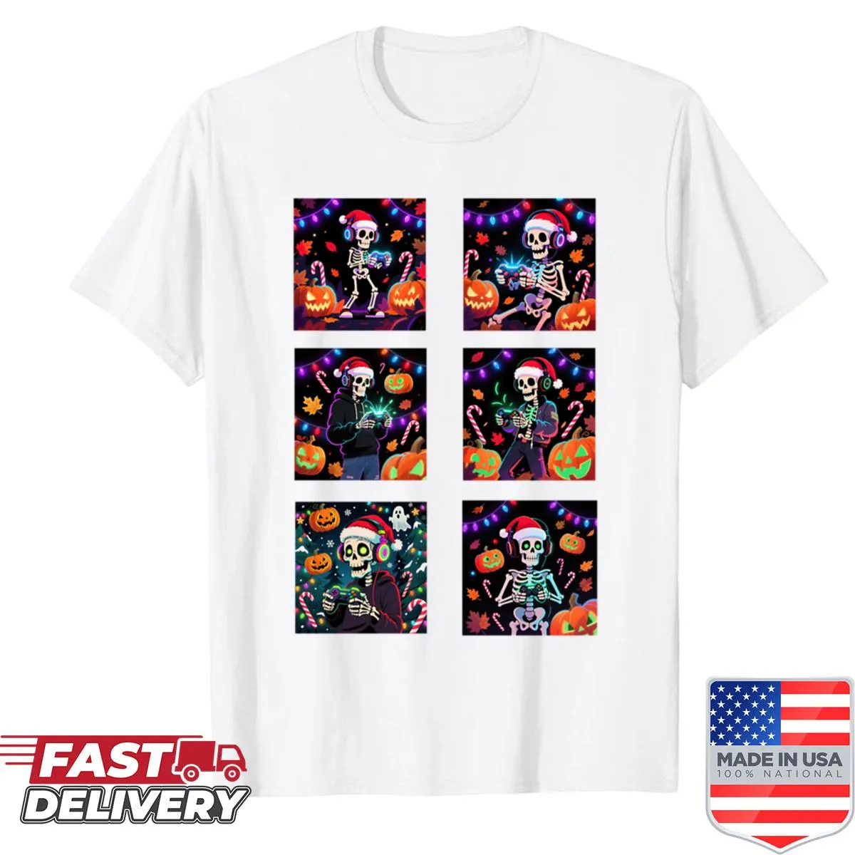 Playful shirt featuring a skeleton with gaming motifs for Halloween