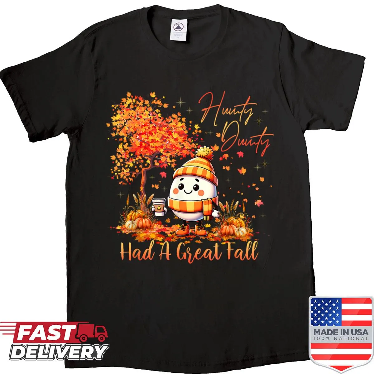 Whimsical Humpty Dumpty design in an autumn setting for Thanksgiving.