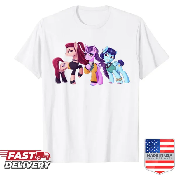 Illustration of Huntrix characters as ponies on a shirt.