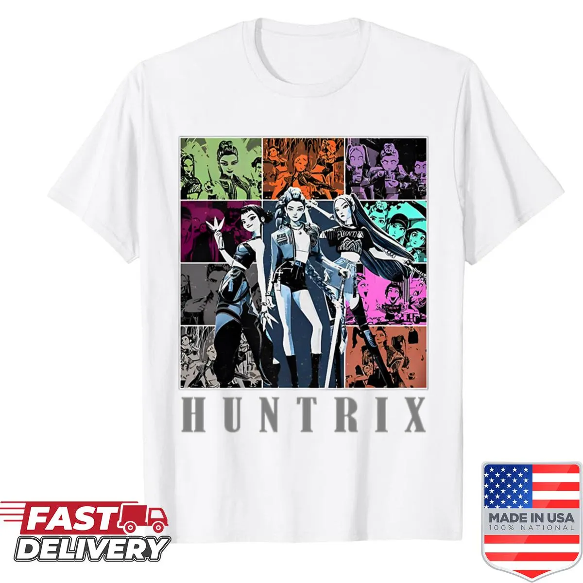 Kpop-themed shirt featuring a girl demon hunter in a dynamic pose
