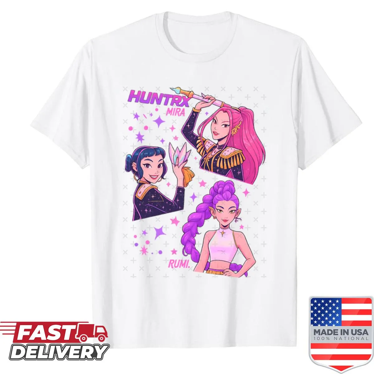 Illustration of a Huntrix girl as a Kpop demon hunter on an active shirt