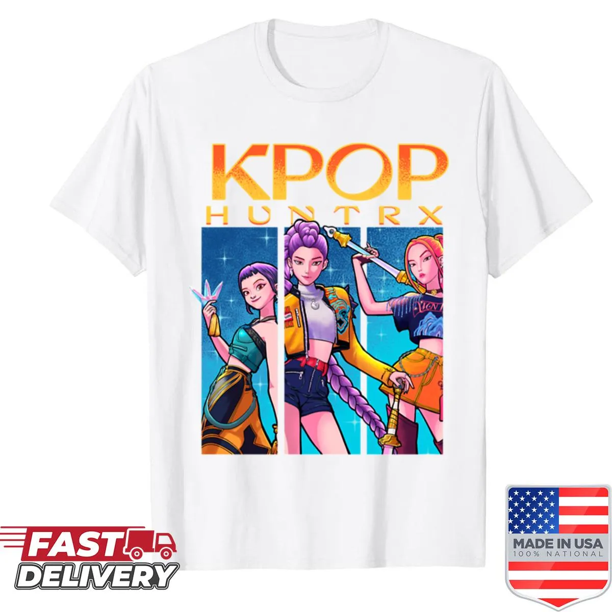 Cartoon-style Kpop Demon Hunter graphic shirt for kids