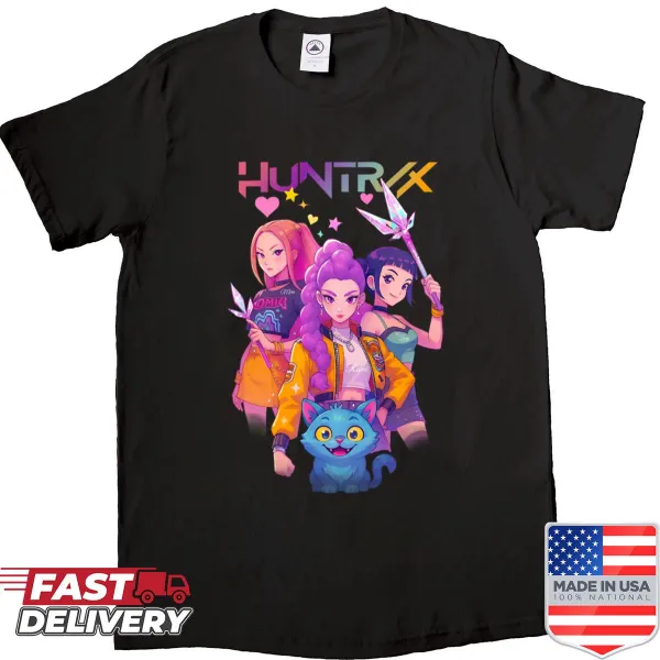Illustrated Kpop Demon Hunters shirt featuring characters Mira, Rumi, and Joey.