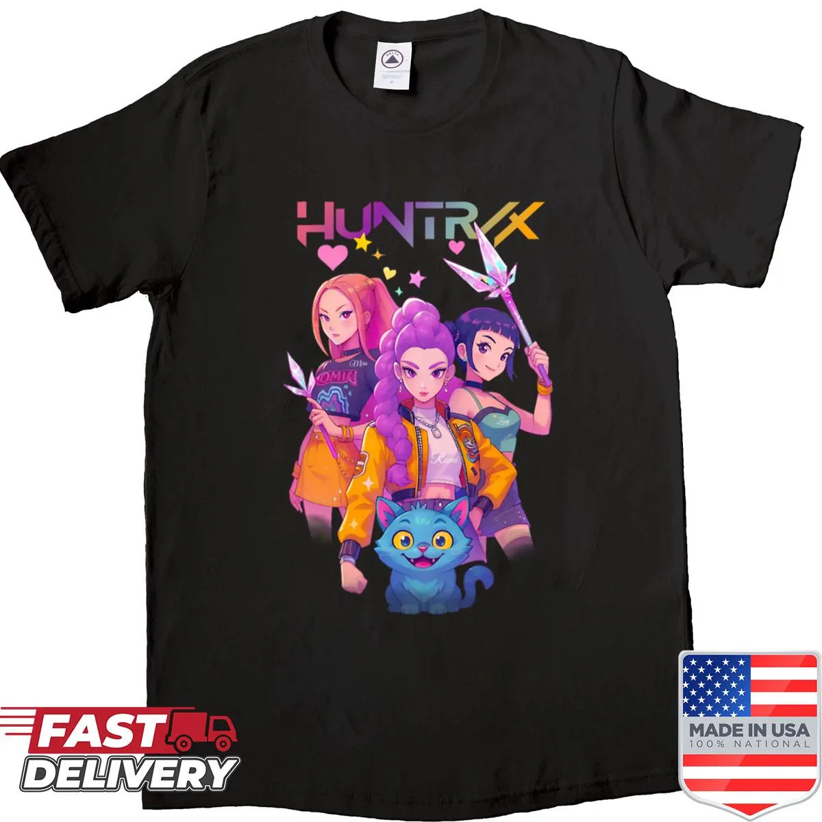 Illustrated Kpop Demon Hunters shirt featuring characters Mira, Rumi, and Joey.
