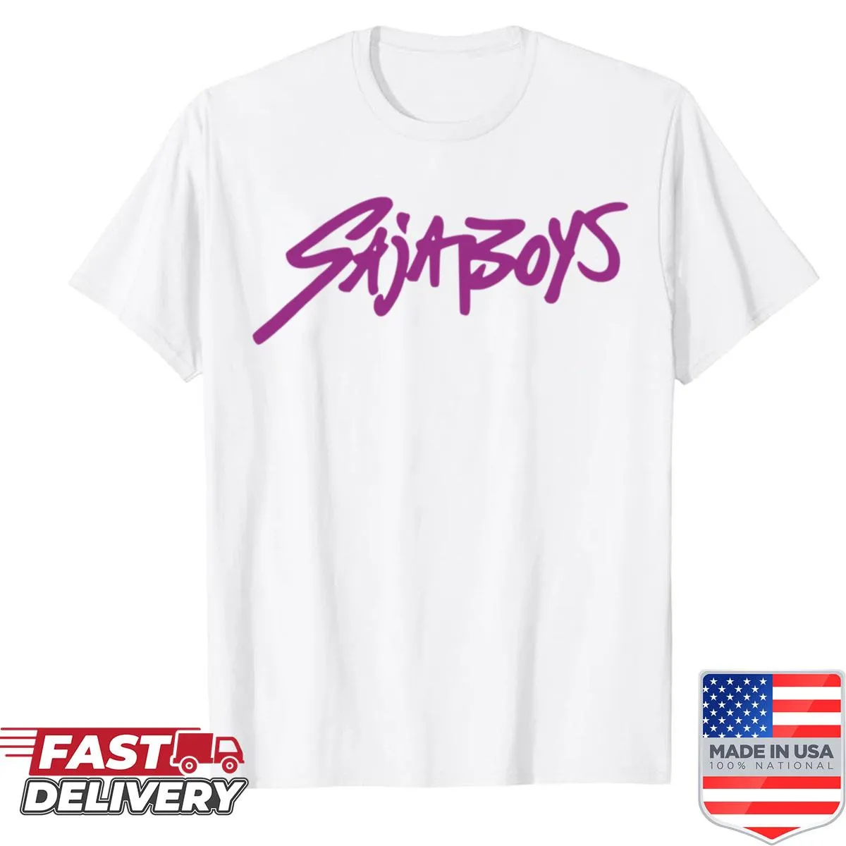 Bold typography shirt depicting Huntrix vs Saja battle