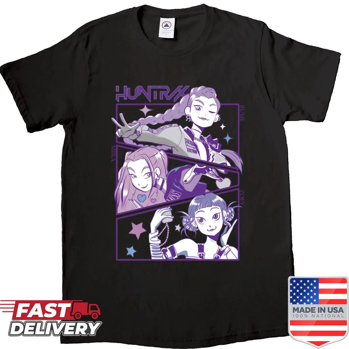 Kpop-themed shirt with Huntrx and Huntrix text