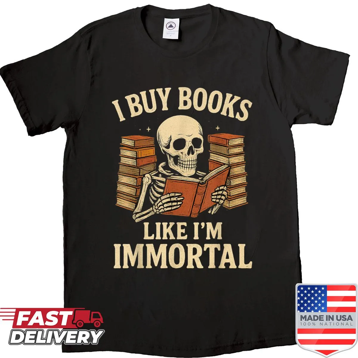 Skeleton-themed shirt with a humorous book lover saying