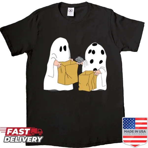 Peanuts Halloween shirt featuring humorous text and illustrations.