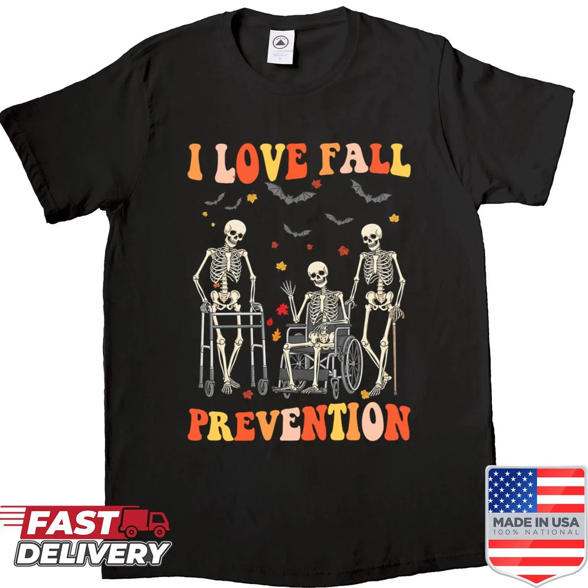 Skeleton graphic promoting fall prevention on shirt