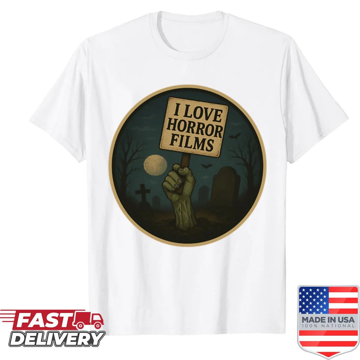 Shirt with a playful zombie hand graphic and text about horror films
