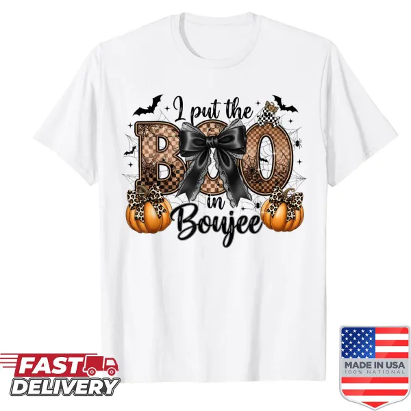 Cute Halloween shirt with pumpkin and 'I Put The Boo In Boujee' text