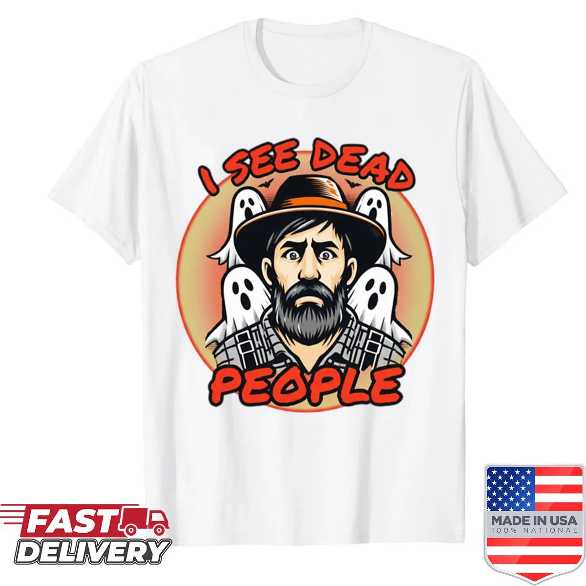 Bold graphic shirt featuring the quote 'I See Dead People' in striking typography