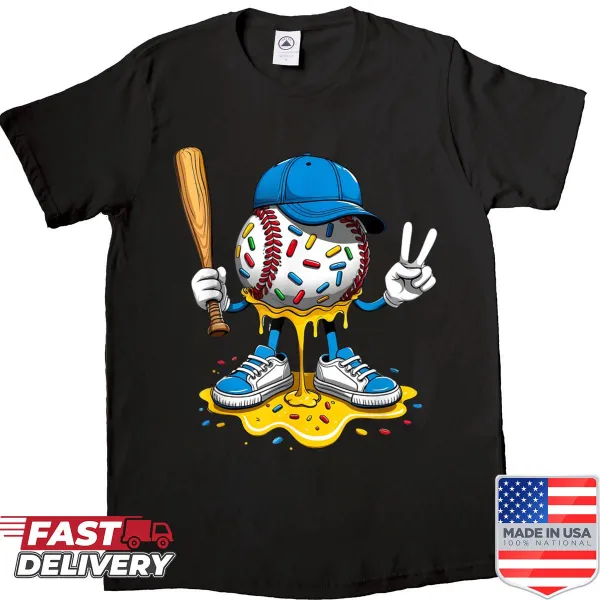 Cartoon graphic of ice cream over a baseball theme.