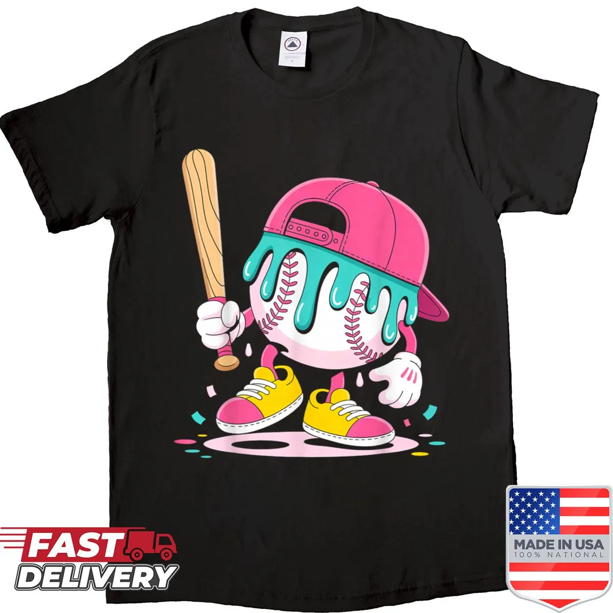 Colorful shirt featuring ice cream and baseball-themed graphic