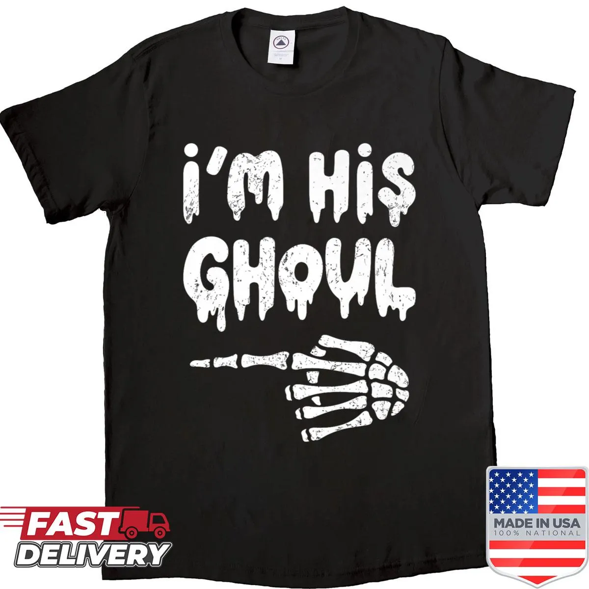 Couples shirt featuring skeleton hands and humorous Halloween text