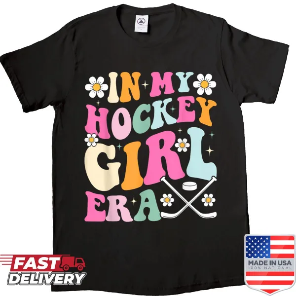 Vintage-style T-shirt with 'In My Hockey Girl Era' text