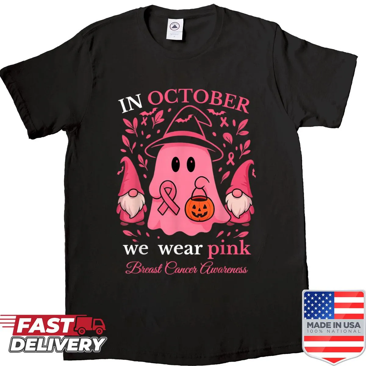 Ghost gnome illustration with pink details for breast cancer awareness