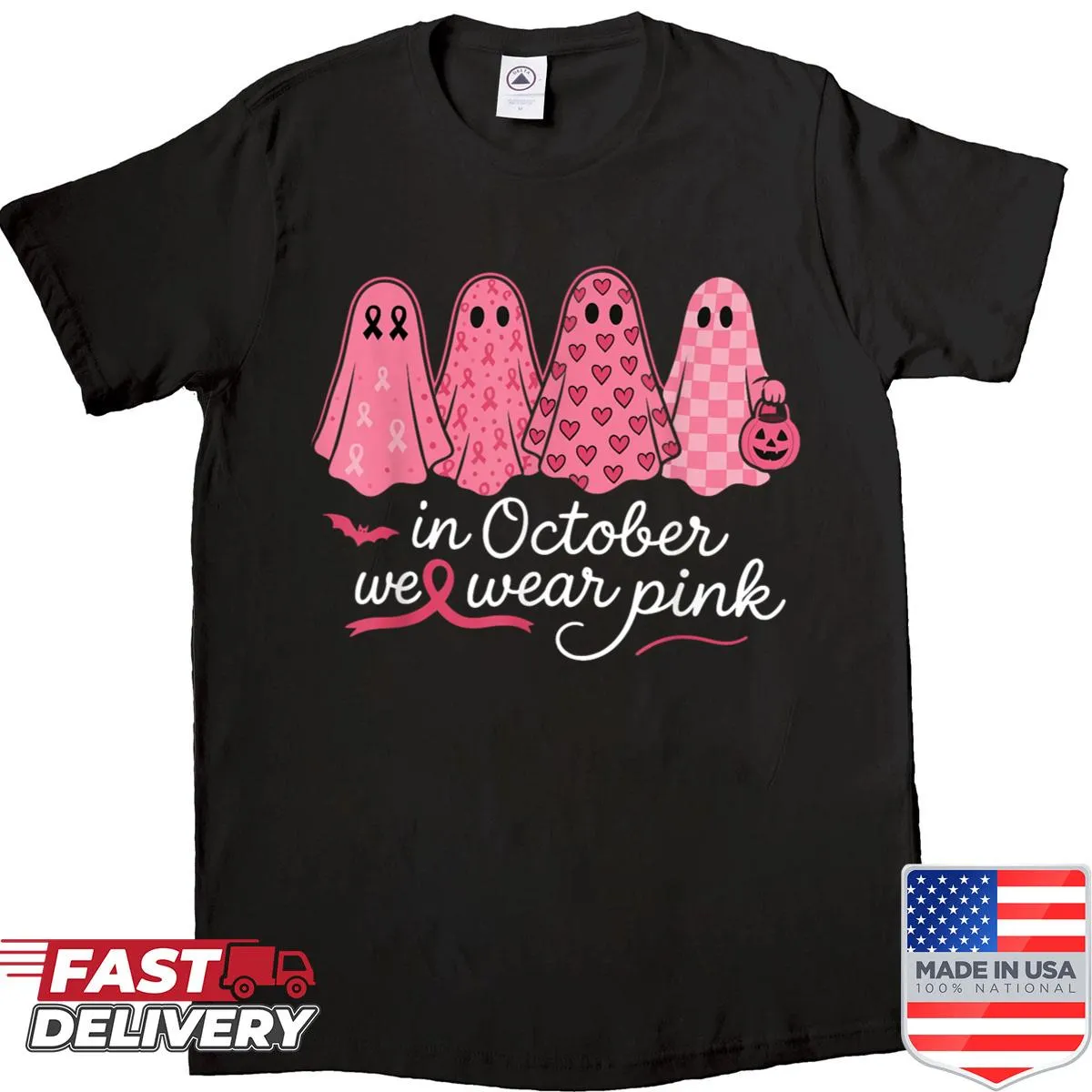 Playful pink ghost graphic shirt for Breast Cancer Awareness in October