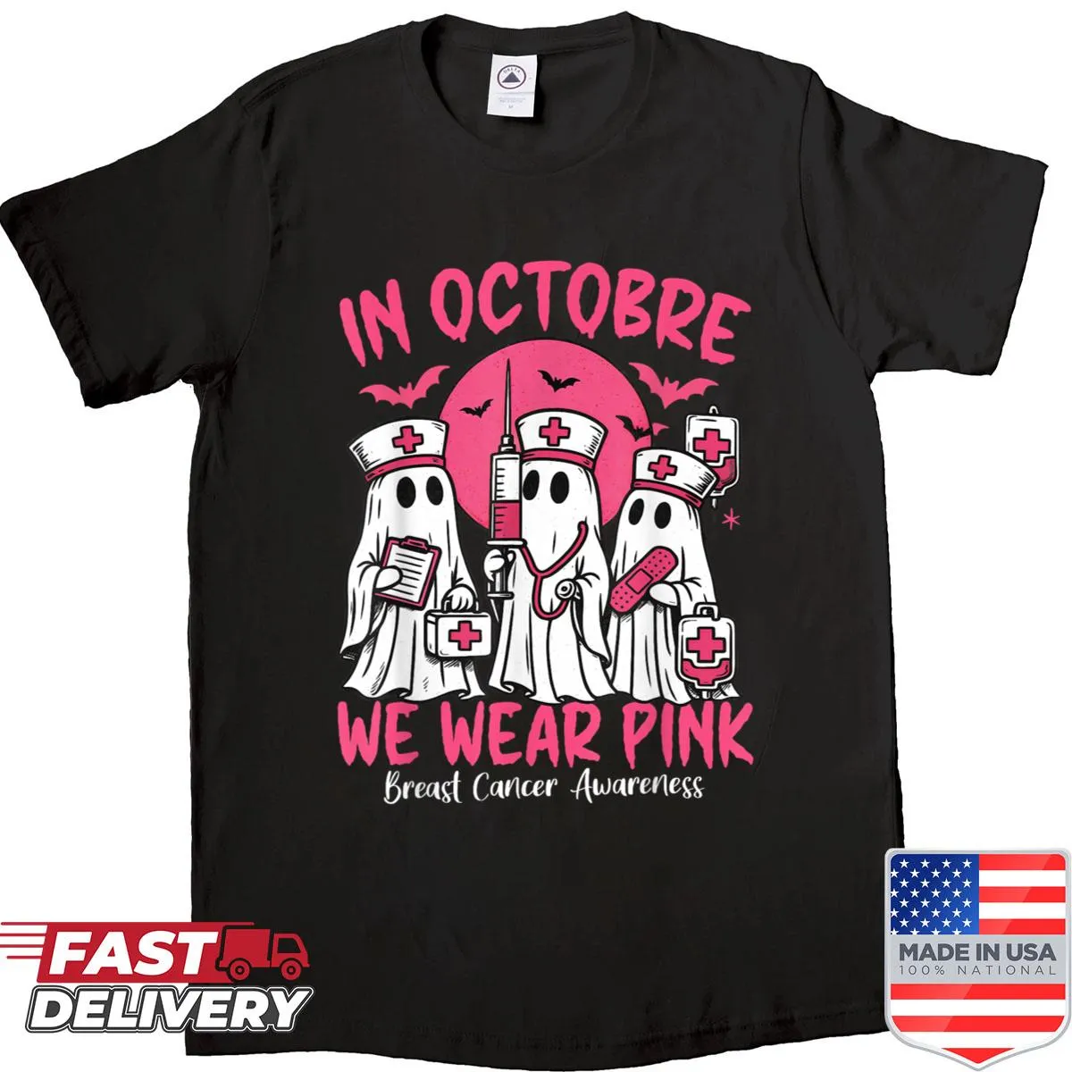 Halloween ghost design in pink for breast cancer awareness.