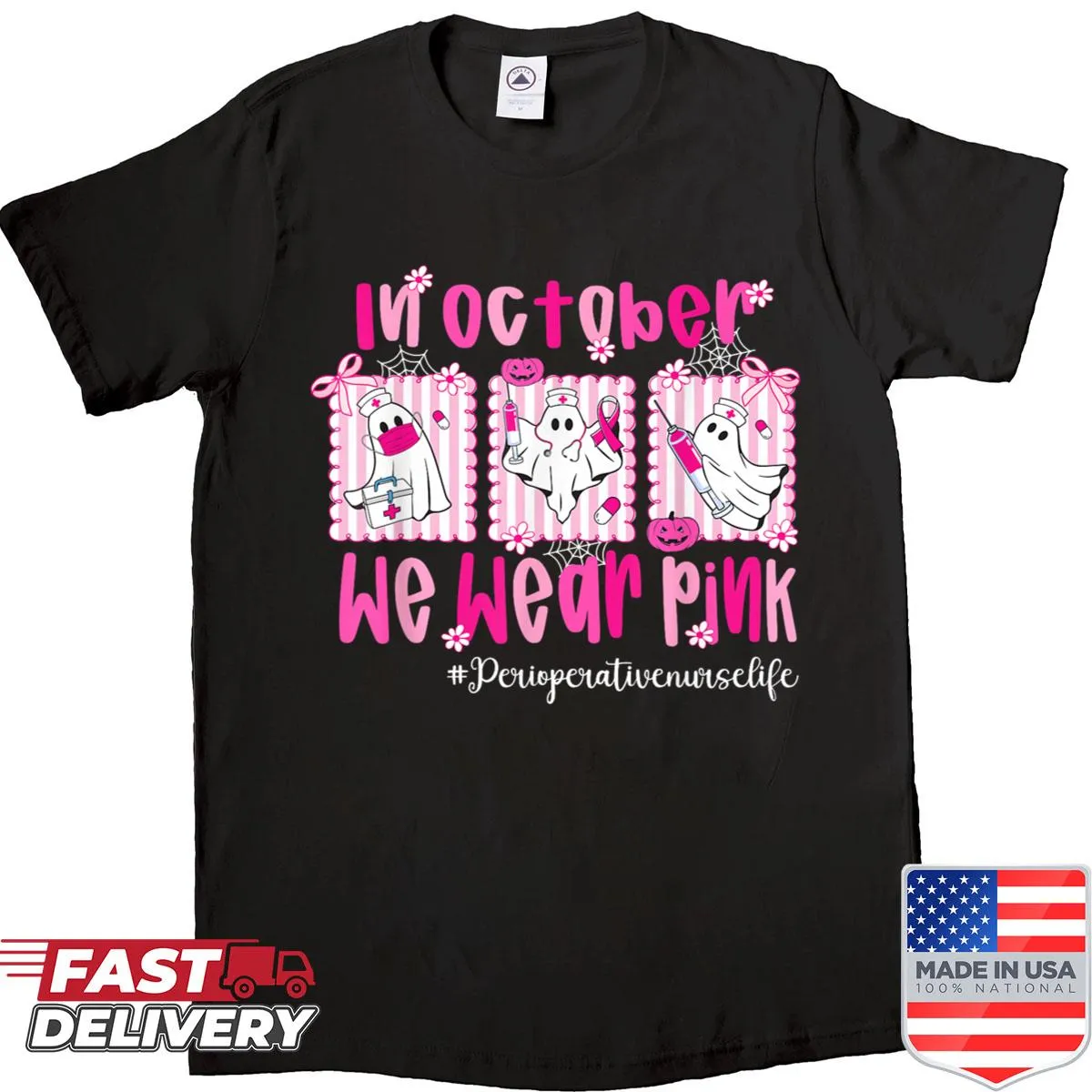 Pink awareness shirt for perioperative nurses supporting breast cancer