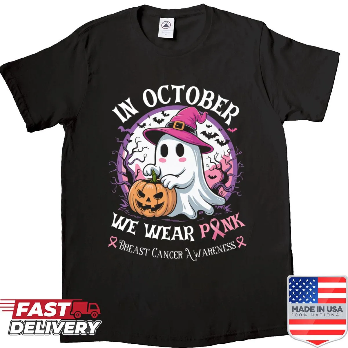 Ghost and pink ribbon design shirt for breast cancer awareness.