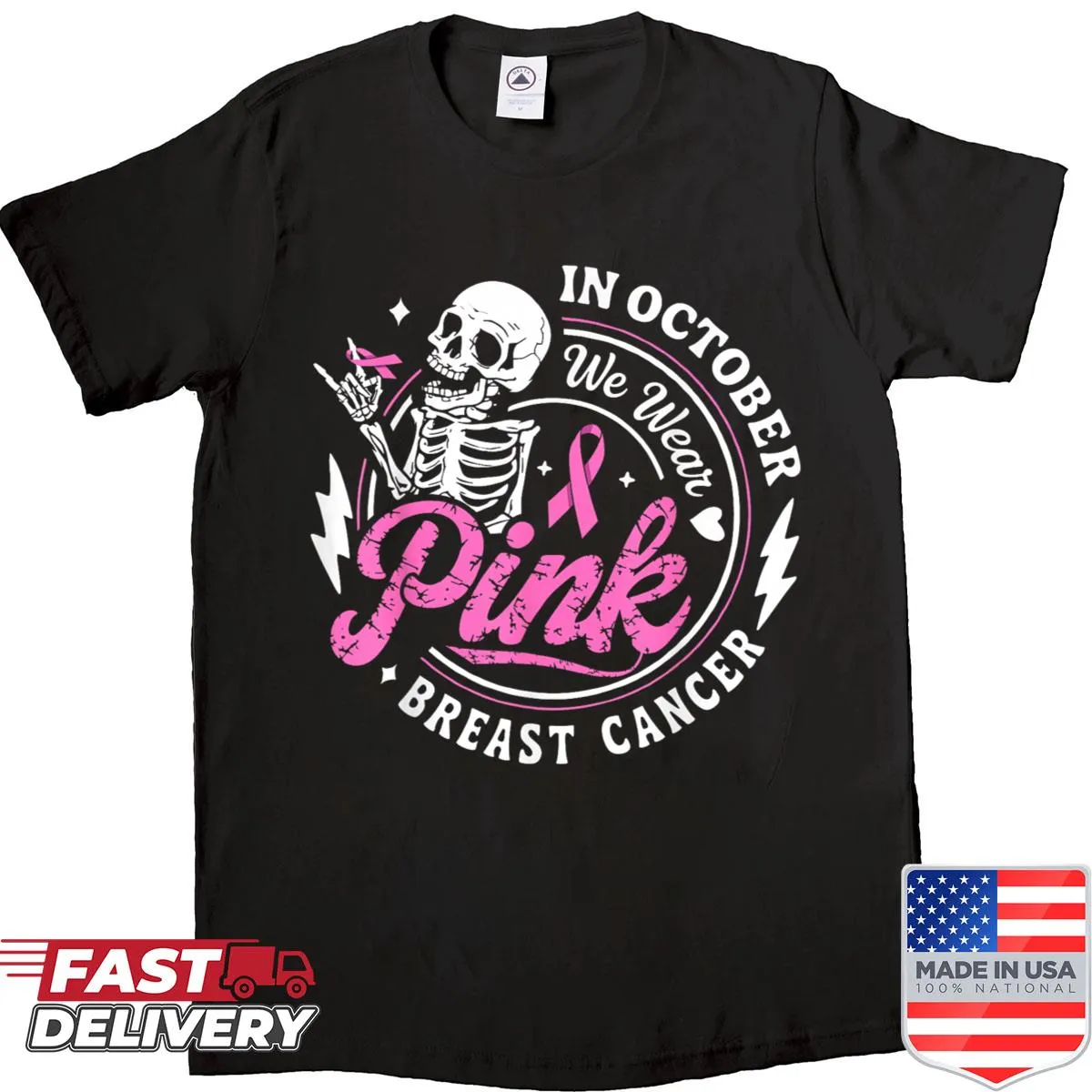 Pink skeleton graphic shirt for Breast Cancer Awareness in October