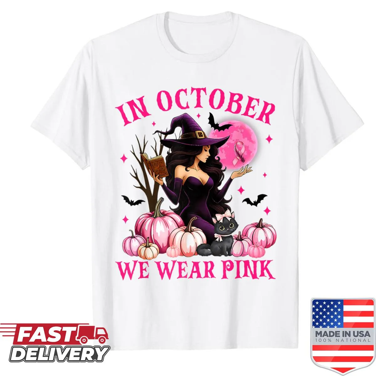 Whimsical witch graphic with 'In October We Wear Pink' text
