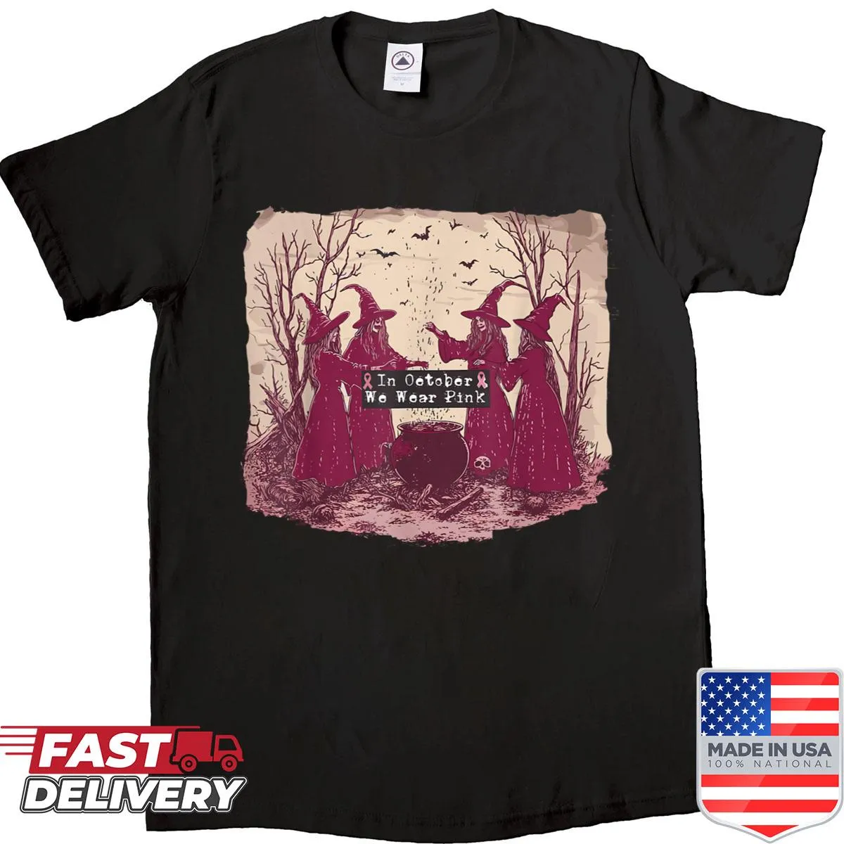Breast cancer awareness shirt featuring a witch with the phrase In October We Wear Pink