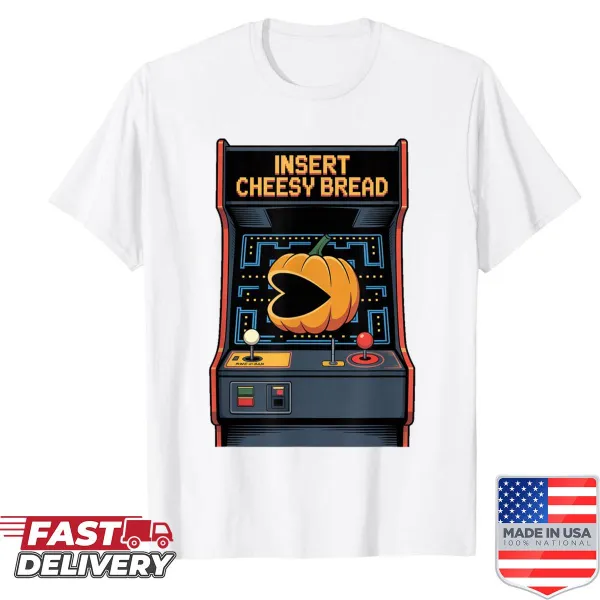 Retro gamer shirt featuring pumpkin and cheesy bread design