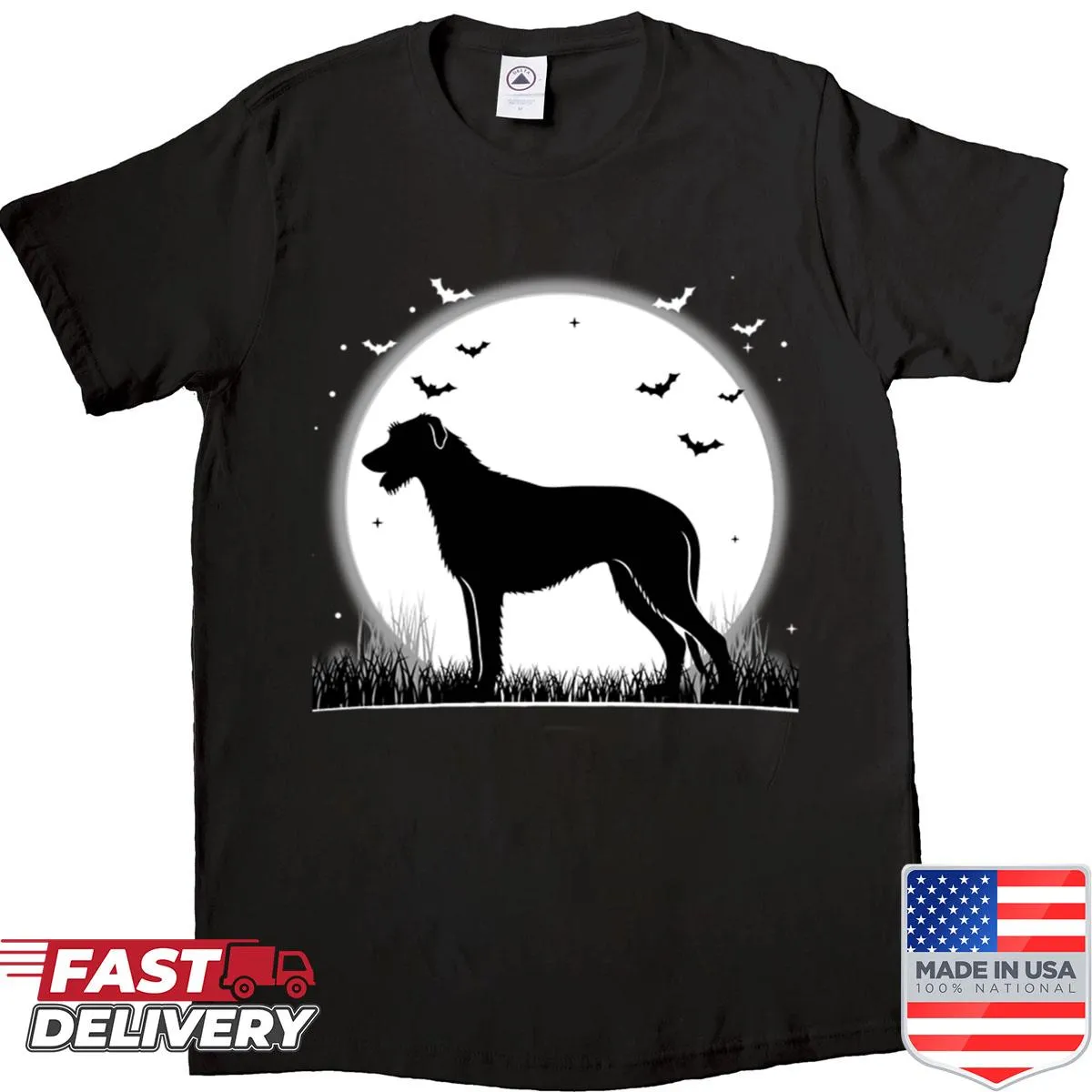Silhouette shirt featuring an Irish Wolfhound and a moon for Halloween