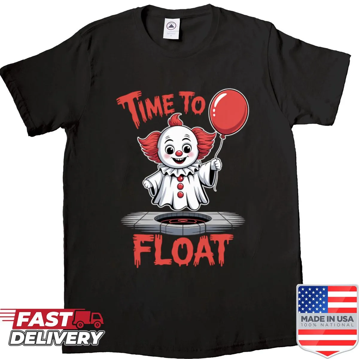 Illustration of a ghostly clown on a casual shirt.