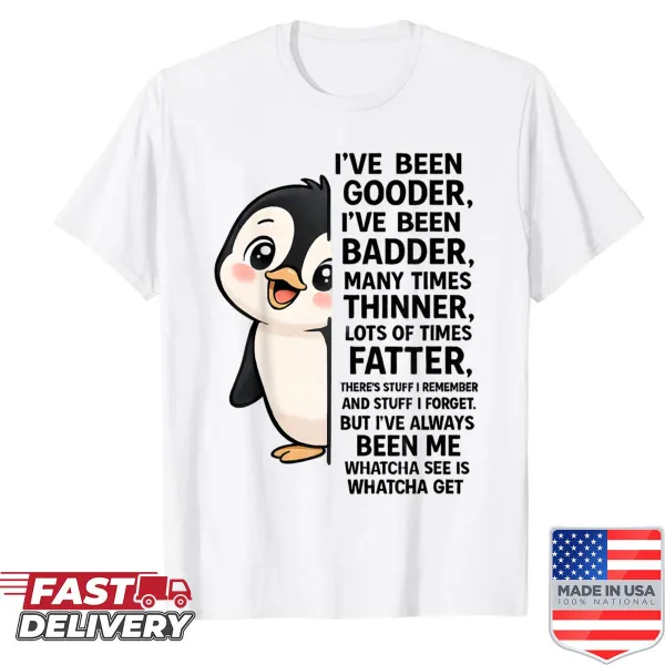 Cute shirt featuring a penguin graphic and humorous text about being good and bad