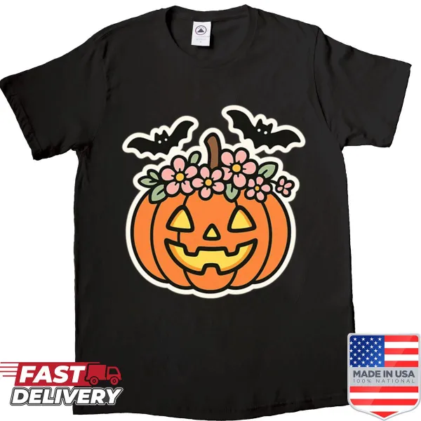 Kawaii Halloween shirt with a Jack-o-lantern, flowers, and bats