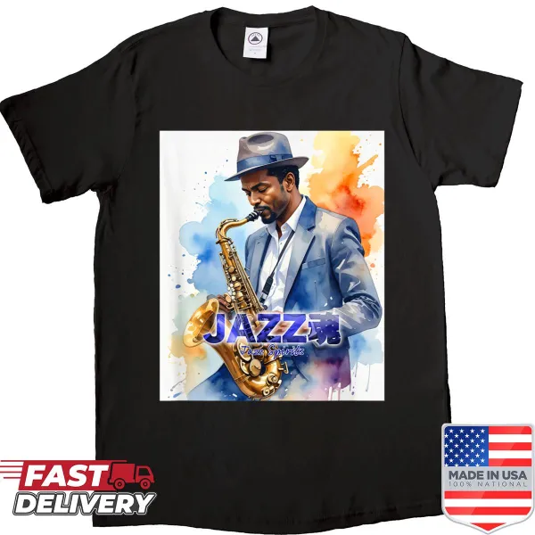 Saxophone-themed T-shirt celebrating jazz music