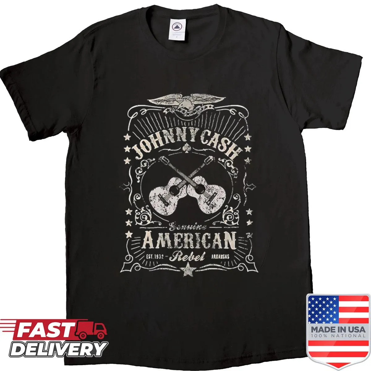 Vintage distressed shirt featuring Johnny Cash with the text 'Genuine American Rebel'