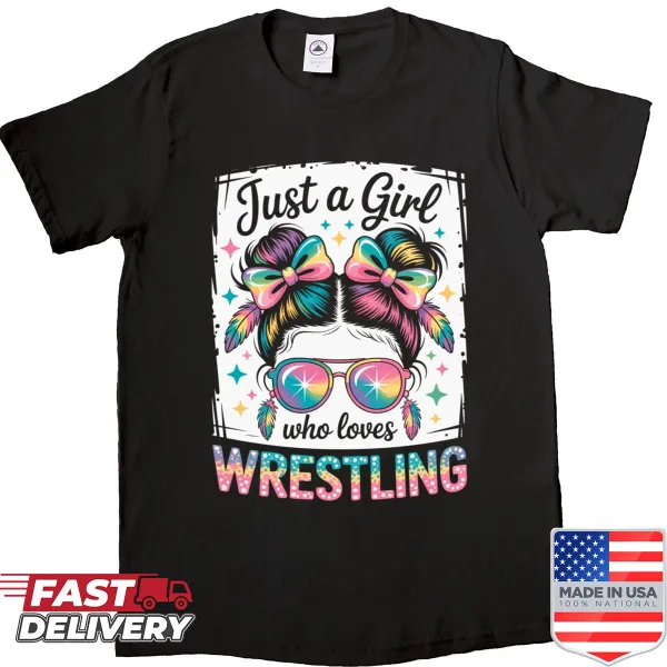 T-shirt featuring a girl in a messy bun and wrestling theme