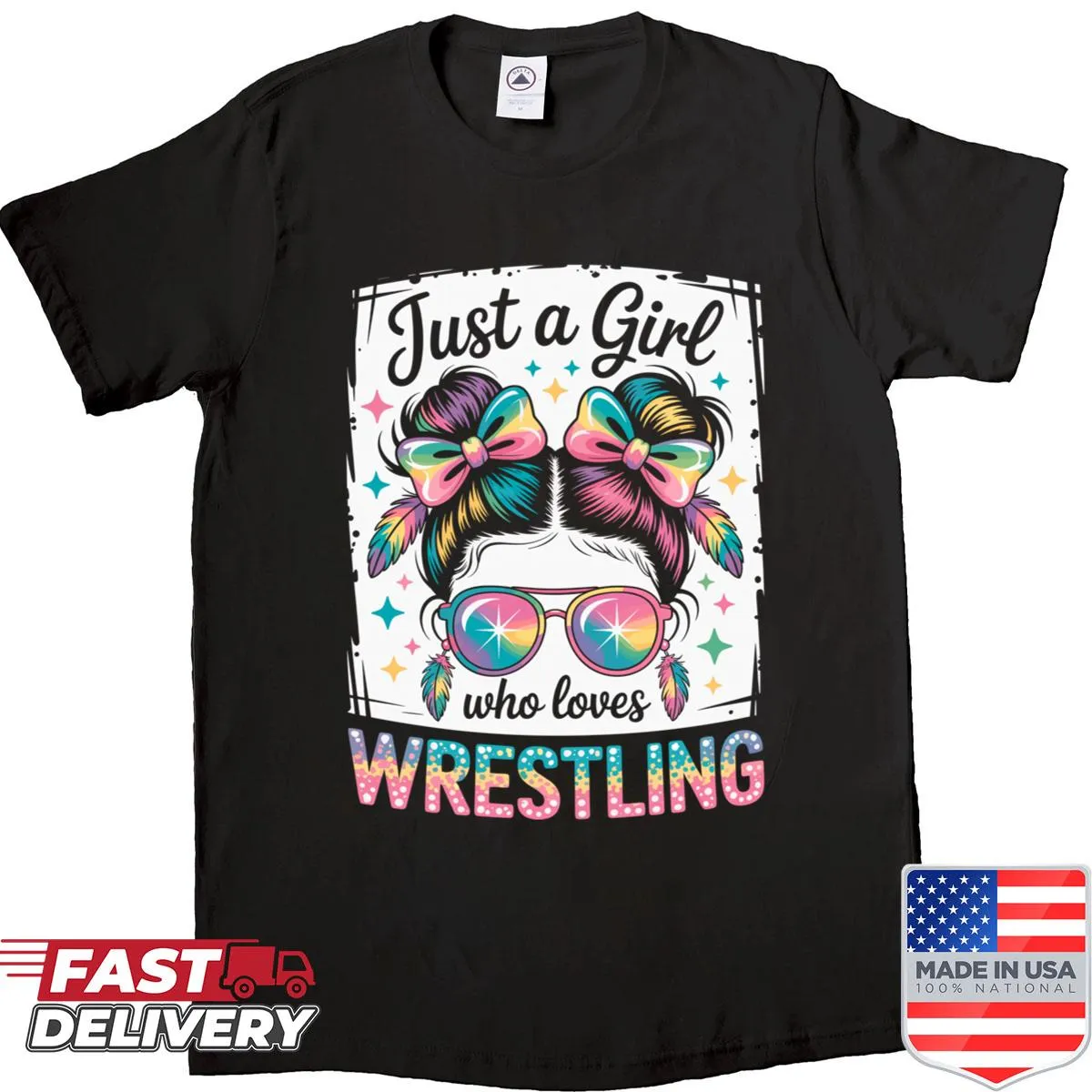 T-shirt featuring a girl in a messy bun and wrestling theme