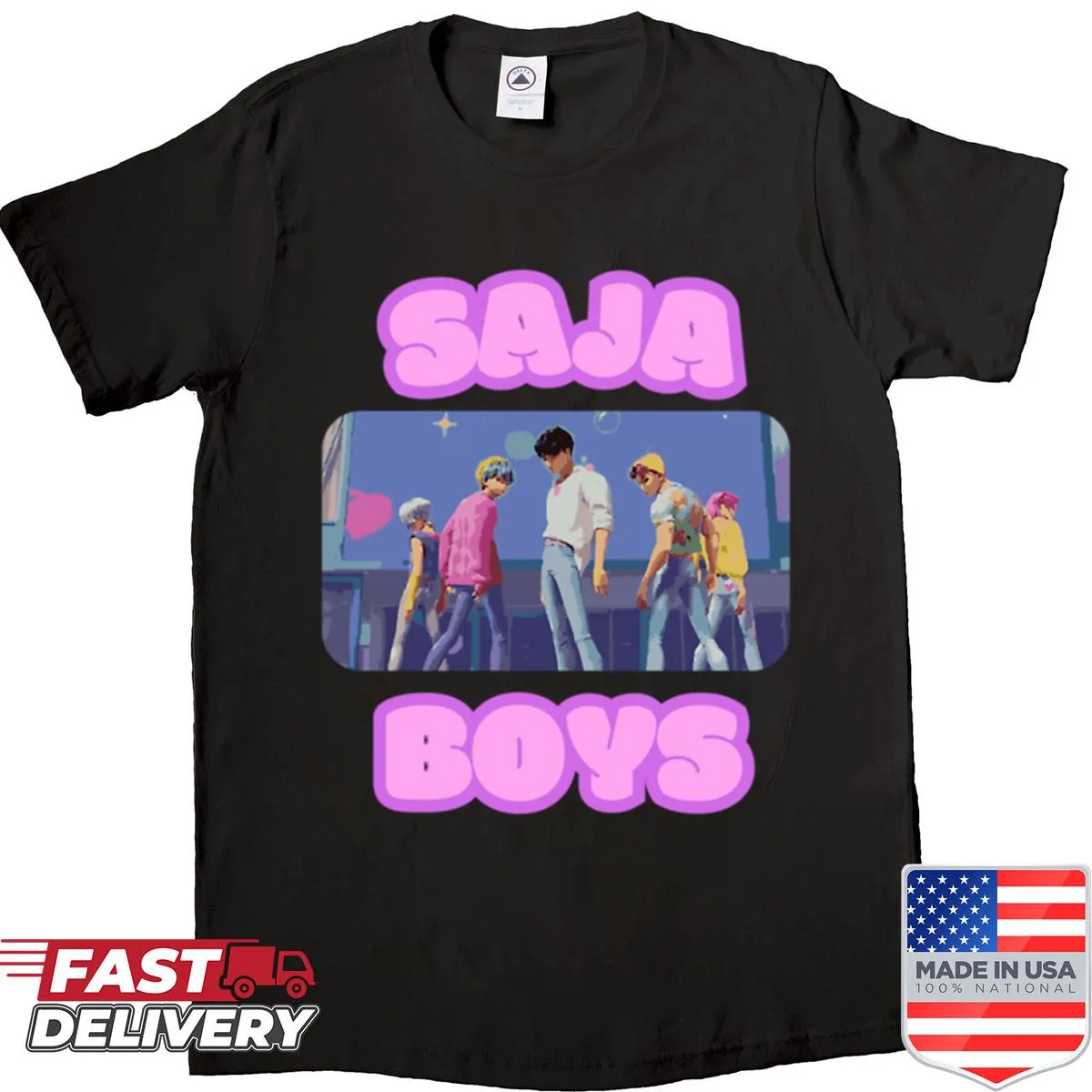 Illustrated shirt featuring K-pop demon hunters and Saja Boys theme