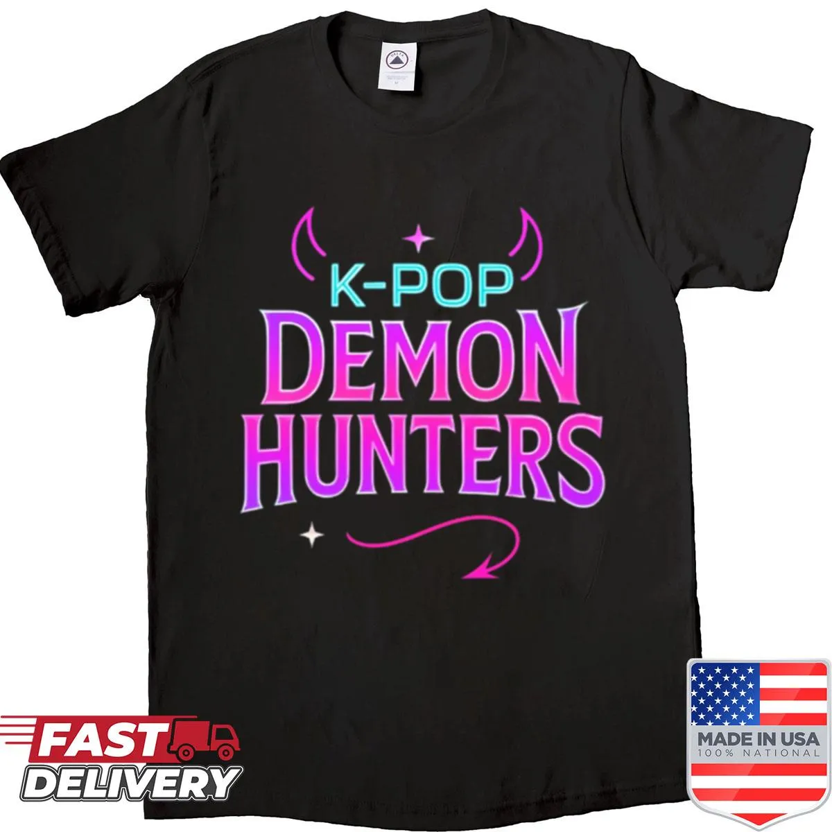 K-pop inspired shirt with neon horns and whimsical tail graphic