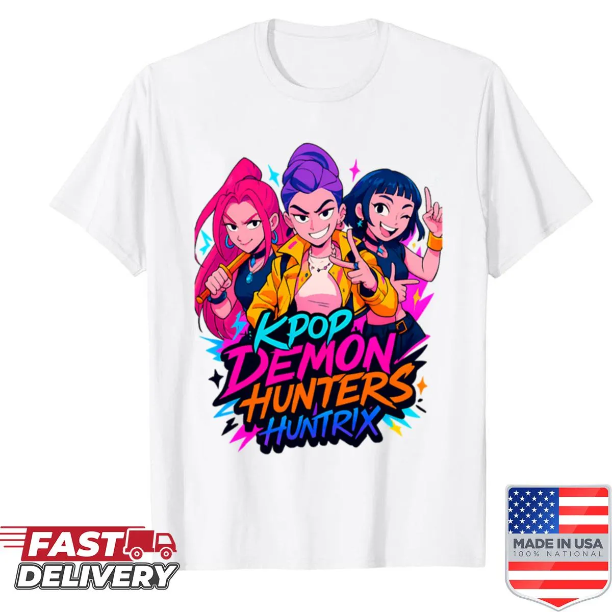 Vintage-style K-pop Demon Hunters shirt with playful graphics