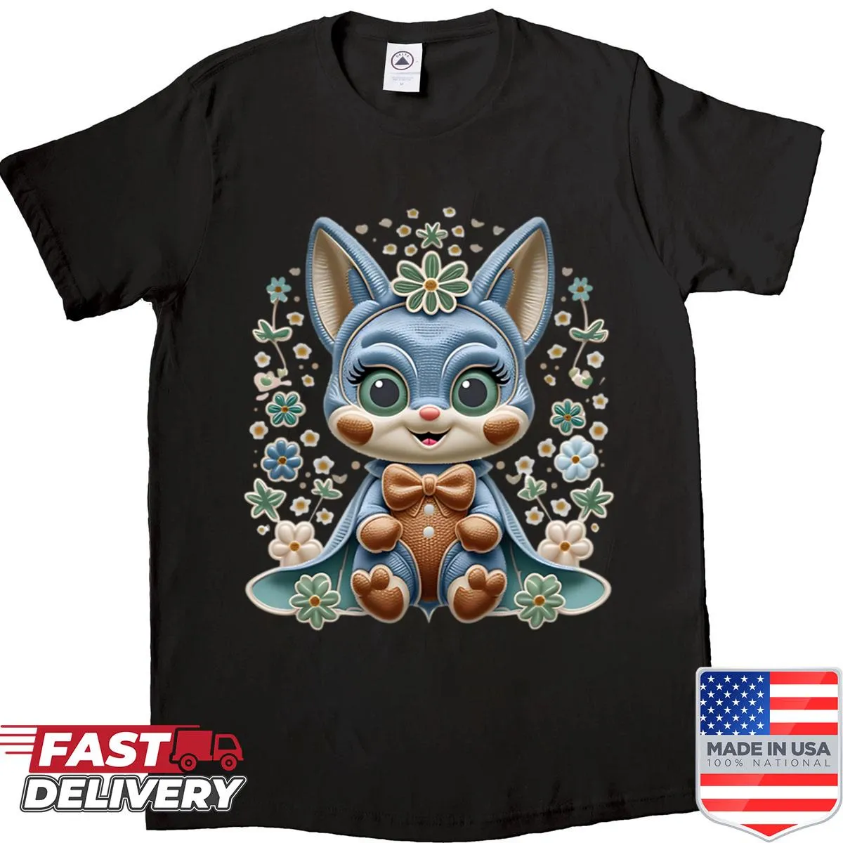 Kawaii illustration of a blue bat surrounded by flowers on a shirt