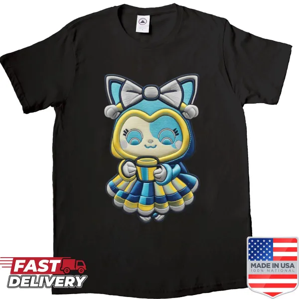 Kawaii Blue Ghost Girl shirt with a coffee cup illustration
